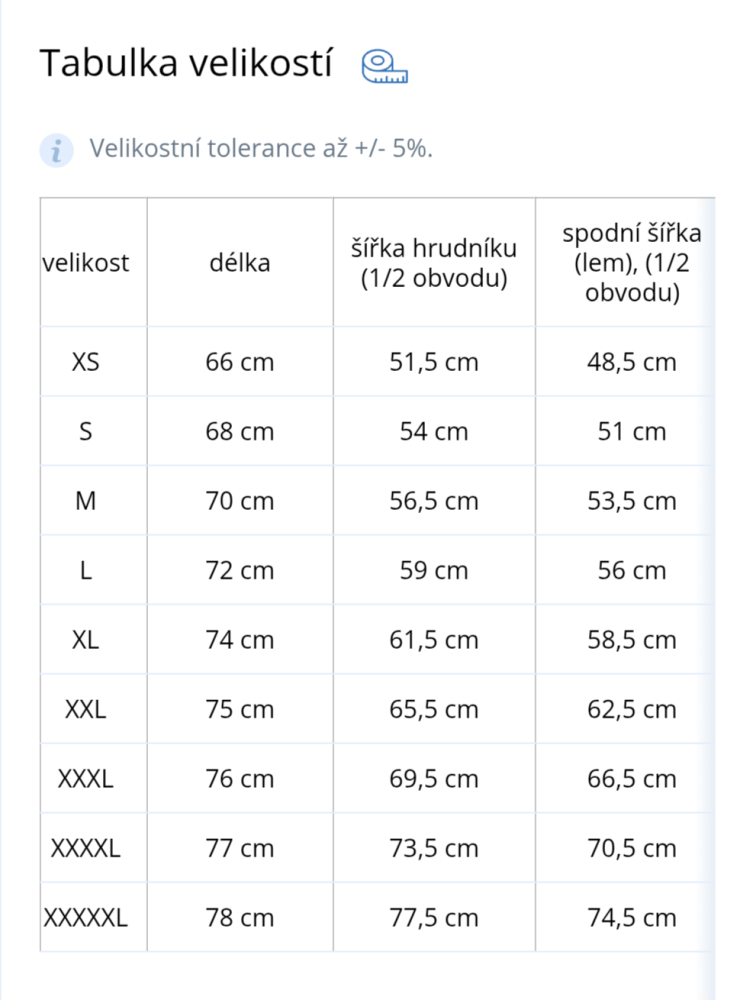 Velikostní tabulka Acid washed
